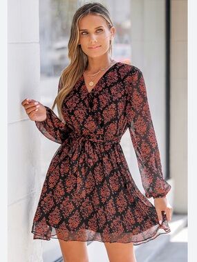 Cupshe Black & Rust Floral Long-Sleeve dress size xl
